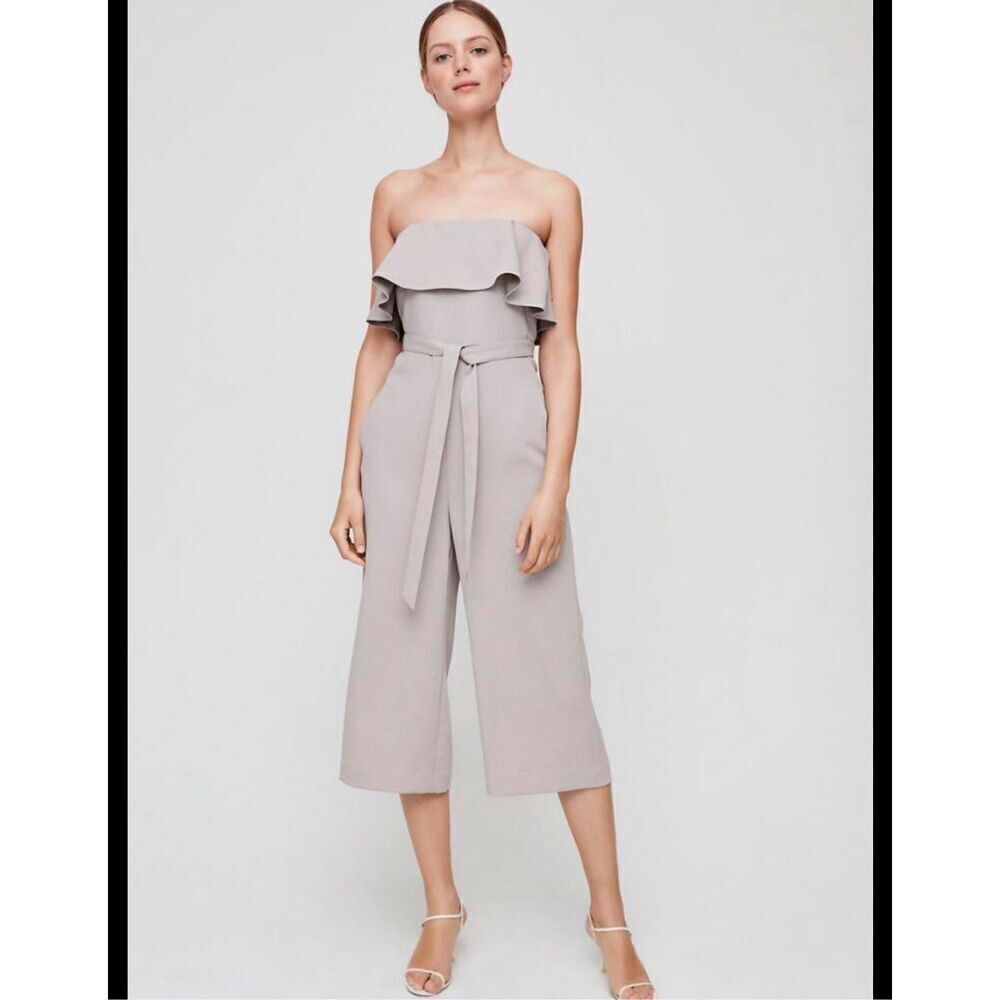 Babaton Romper Size 4 Nude Cropped Off Shoulder Wide Leg Sleeveless Romper Ruffl